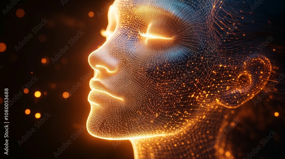 A Wireframe of a Woman's Face with Glowing Lines and Dots A Wireframe of a Woman's Face with Glowing Lines and Dots