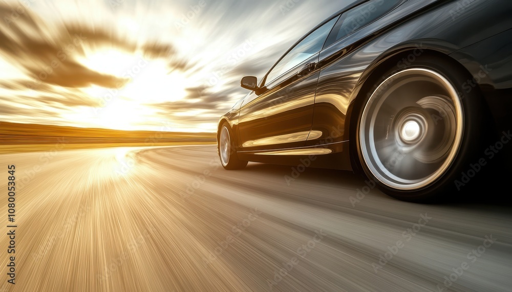 Black Car Speeding on a Road at Sunset.