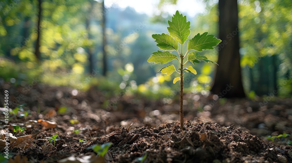 Young plant sprouting from soil in a lush forest with soft sunlight. Young plant sprouting from soil in a lush forest with soft sunlight.