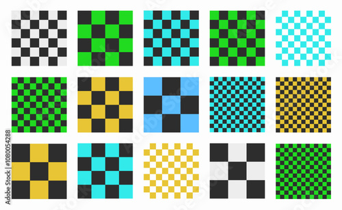 Set of vibrant seamless checkered patterns with grid designs. Square, block, tile, and chess inspired elements in Y2K style. High quality vector illustrations for backgrounds and modern aesthetics