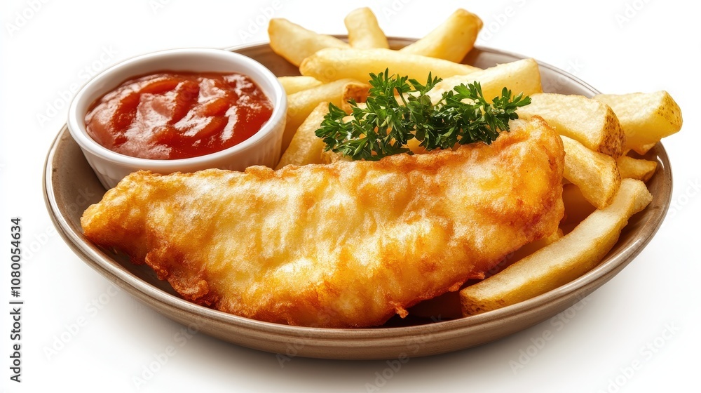 Delicious crispy fish fillet served with golden fries and tangy ketchup, perfect for a hearty meal or indulgent snack. Delicious crispy fish fillet served with golden fries and tangy ketchup, perfect for a hearty meal or indulgent snack.