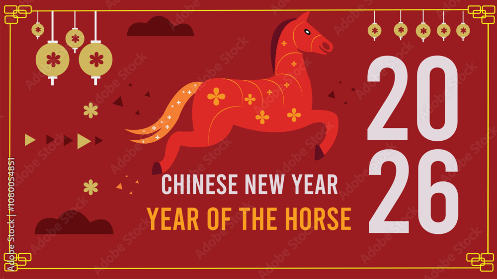 Fototapeta premium Chinese New Year 2026 Horse 2026 chinese new year, year of the horse, modern flat geometric style chinese zodiac horse