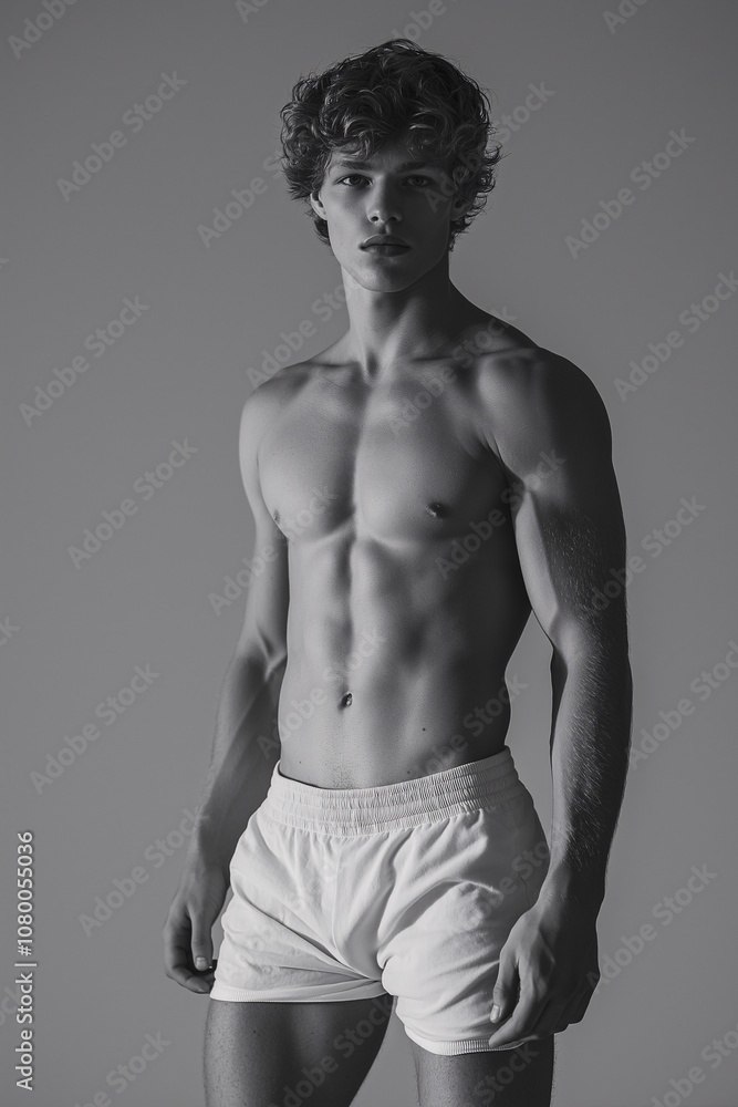 Fototapeta premium Classic Male Model in White Briefs Posing Confidently with Defined Physique and Striking Expression in Minimalist Black and White Image
