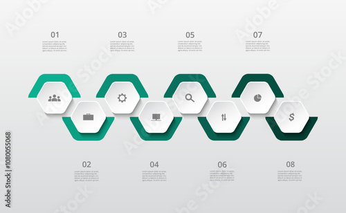 Step by step creative infographic template with 8 steps, options, parts or processes.