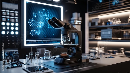 Modern Laboratory with Microscope, Beaker, and Network Screen