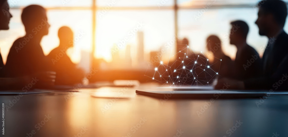 business team in meeting room discussing digital strategies at sunset, with network graphic symbolizing connectivity and innovation business team in meeting room discussing digital strategies at sunset, with network graphic symbolizing connectivity and innovation