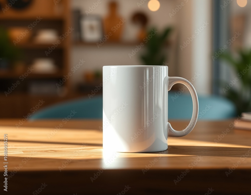 White Coffee Mug Mockup on Wooden Table in Cozy Sunlit Room – Minimalist Product Mockup White Coffee Mug Mockup on Wooden Table in Cozy Sunlit Room – Minimalist Product Mockup