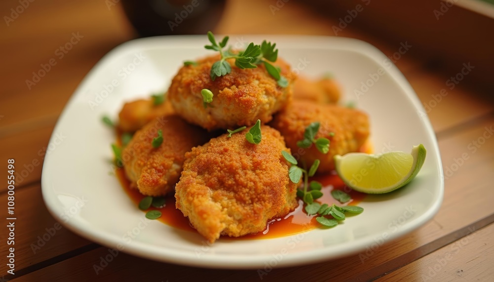 Deliciously goldenbrown fried chicken bites served with a tangy sauce and fresh lime wedge Deliciously goldenbrown fried chicken bites served with a tangy sauce and fresh lime wedge