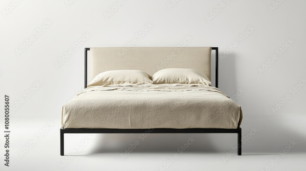 A minimalist metal bed frame with a simple headboard, styled with neutral bedding A minimalist metal bed frame with a simple headboard, styled with neutral bedding