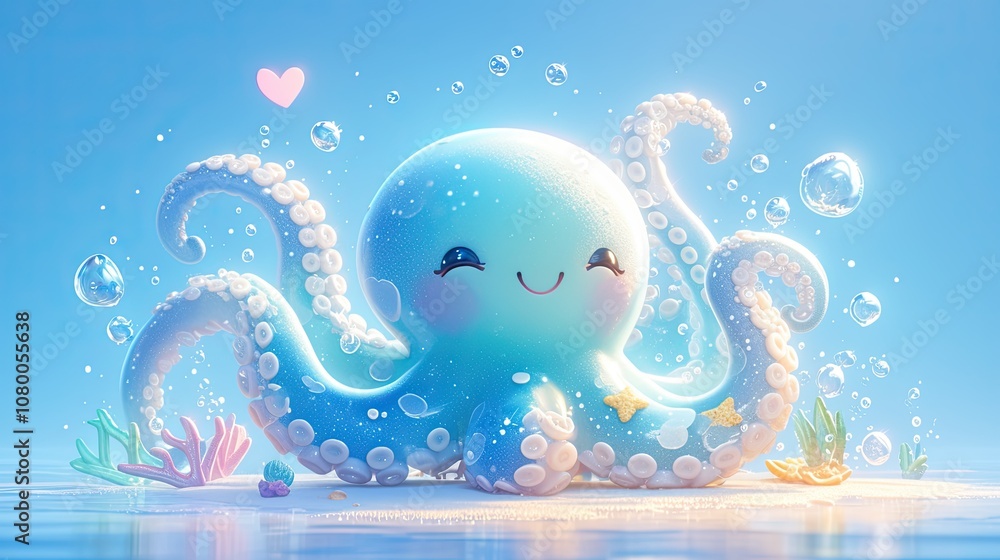 Octopus and green tentacles, a friendly face, and a whimsical underwater scene. Octopus and green tentacles, a friendly face, and a whimsical underwater scene.