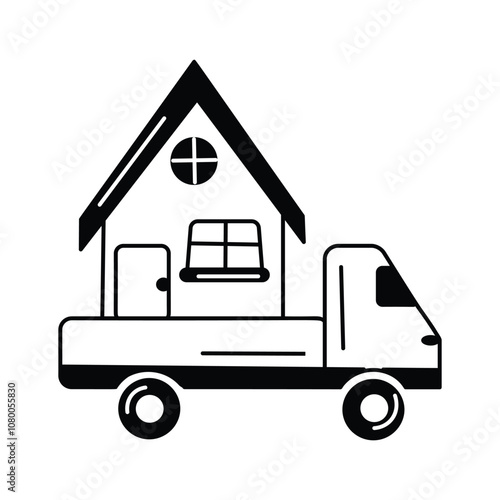 A truck carrying a house, representing relocation or moving services