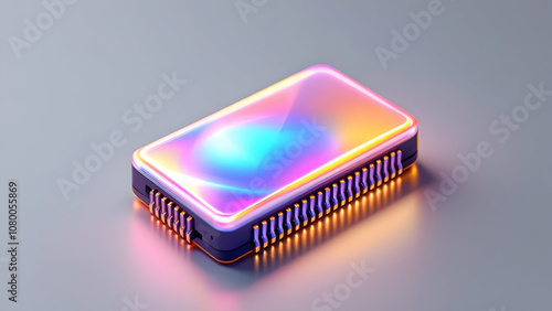 A closeup shot of a colorful, glowing microchip or processor on a grey background. The chip has a holographic finish and goldcolored pins, reflecting an abstract, futuristic design. photo