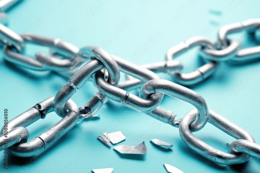Fototapeta premium Broken Chain on Blue Background for Conceptual Imagery