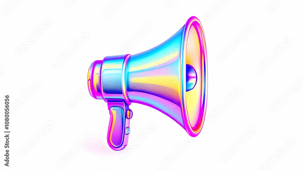 A 3D rendering of a iridescent megaphone with a shiny holographic finish, isolated against a pure white background. A 3D rendering of a iridescent megaphone with a shiny holographic finish, isolated against a pure white background.