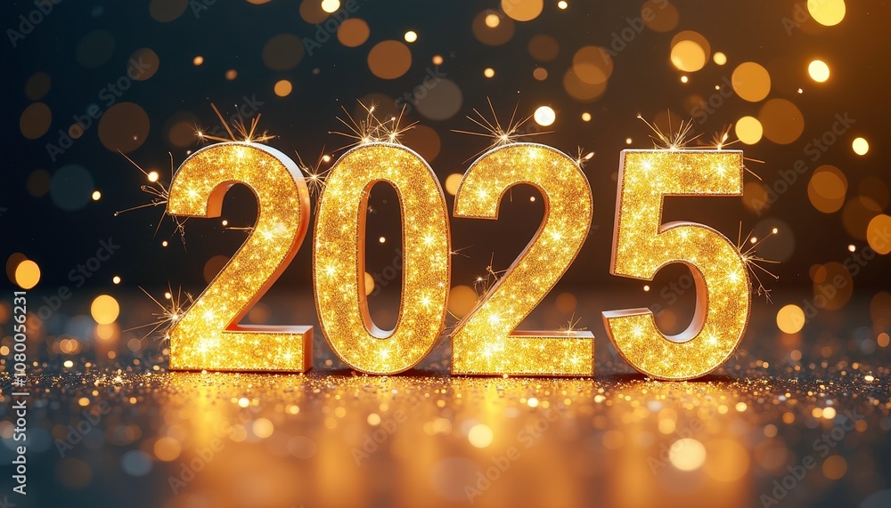 Sparkling glitter text of Happy New Year 2025 against a dazzling confetti background in gold and silver Sparkling glitter text of Happy New Year 2025 against a dazzling confetti background in gold and silver