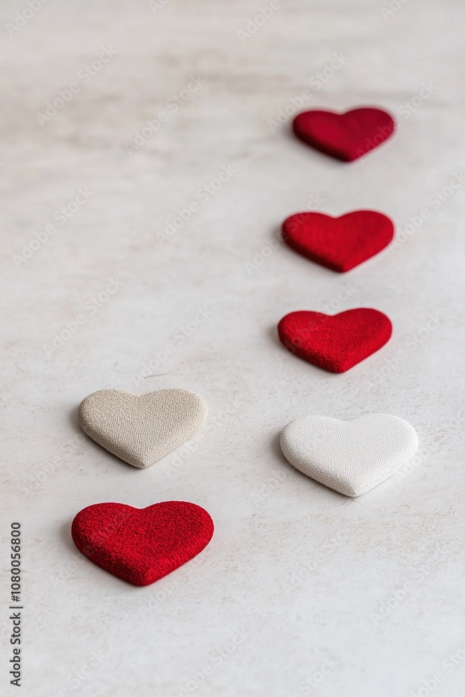 A row of five hearts, two of which are red and three of which are white. The red hearts are placed in the middle of the row, with the white hearts on either side. Concept of love and affection A row of five hearts, two of which are red and three of which are white. The red hearts are placed in the middle of the row, with the white hearts on either side. Concept of love and affection