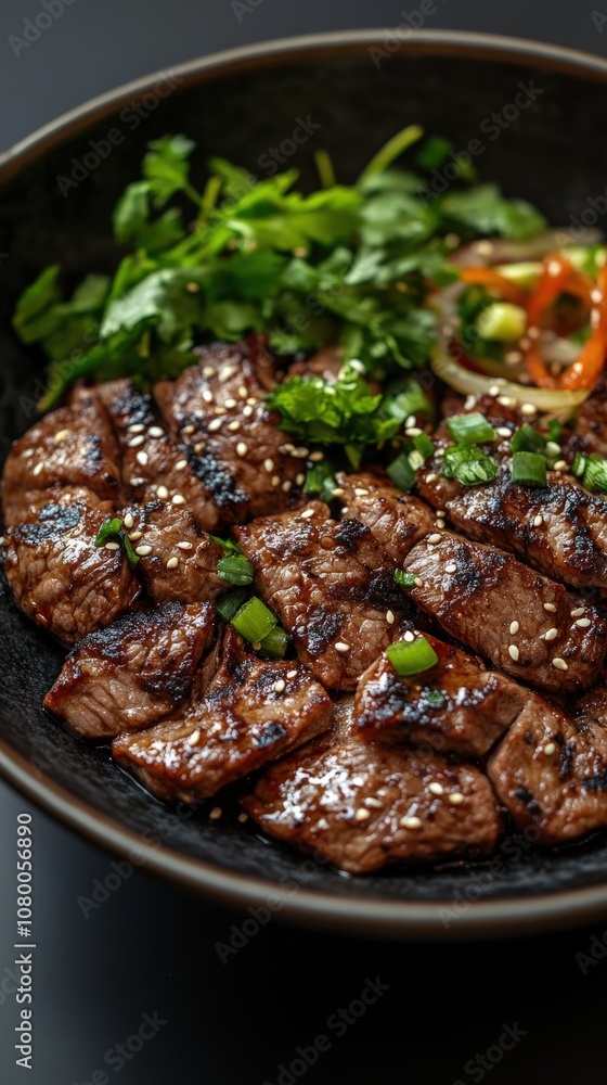 Delicious grilled beef served with fresh herbs and garnishes, showcasing vibrant colors and textures in a stylish bowl. Delicious grilled beef served with fresh herbs and garnishes, showcasing vibrant colors and textures in a stylish bowl.