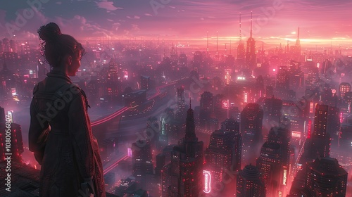 Girl is observing a Futuristic city skyline at dusk, with intricate skyscrapers, flyovers, and vibrant neon lights.