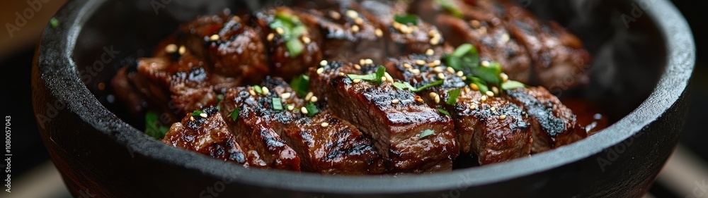 Delicious grilled steak served in a traditional bowl, garnished with herbs, perfect for a mouthwatering culinary experience. Delicious grilled steak served in a traditional bowl, garnished with herbs, perfect for a mouthwatering culinary experience.