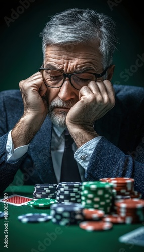 A contemplative man in glasses sits at a poker table, surrounded by colorful chips, reflecting on his game and life's choices. photo