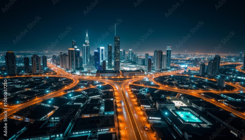 Bright city lights illuminate the night skyline Bright city lights illuminate the night skyline