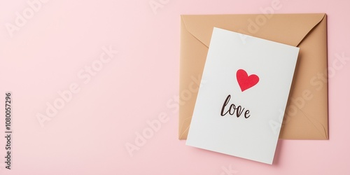 A card with a heart on it and the word love written on it. The card is sitting on top of an envelope