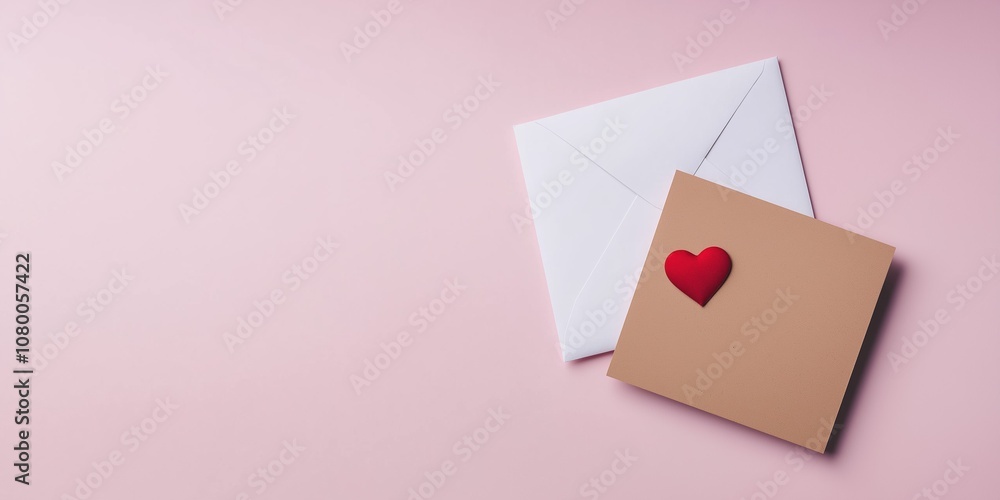 A card with a heart on it sits on top of an envelope. The card is brown and the envelope is white A card with a heart on it sits on top of an envelope. The card is brown and the envelope is white