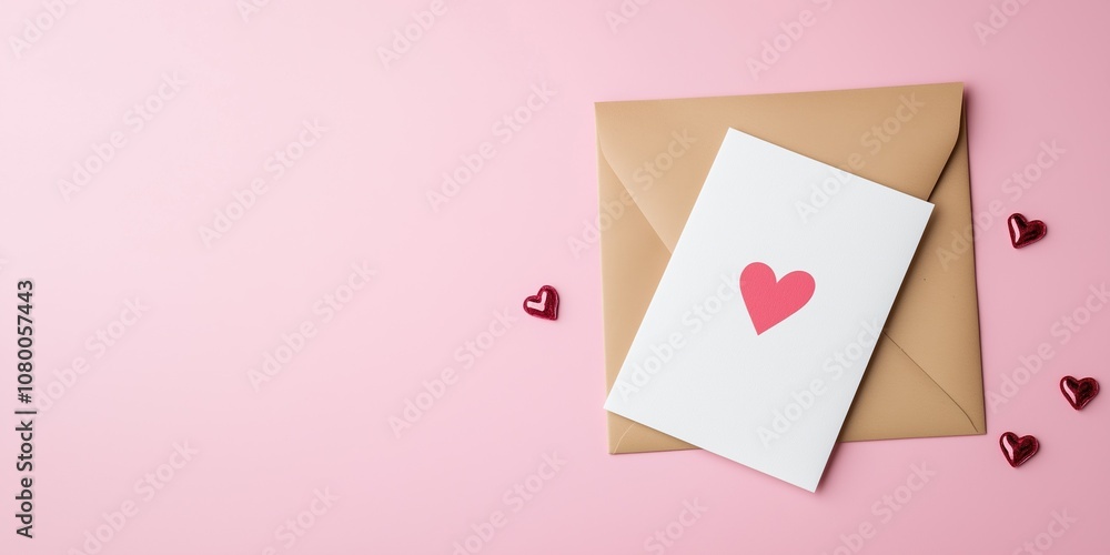 A card with a heart on it sits on top of an envelope. The envelope is brown and the card is white. There are also some red hearts scattered around the card. Concept of love and affection A card with a heart on it sits on top of an envelope. The envelope is brown and the card is white. There are also some red hearts scattered around the card. Concept of love and affection