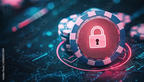 A digital security concept featuring a casino chip with a padlock symbol, representing online gambling safety and privacy.