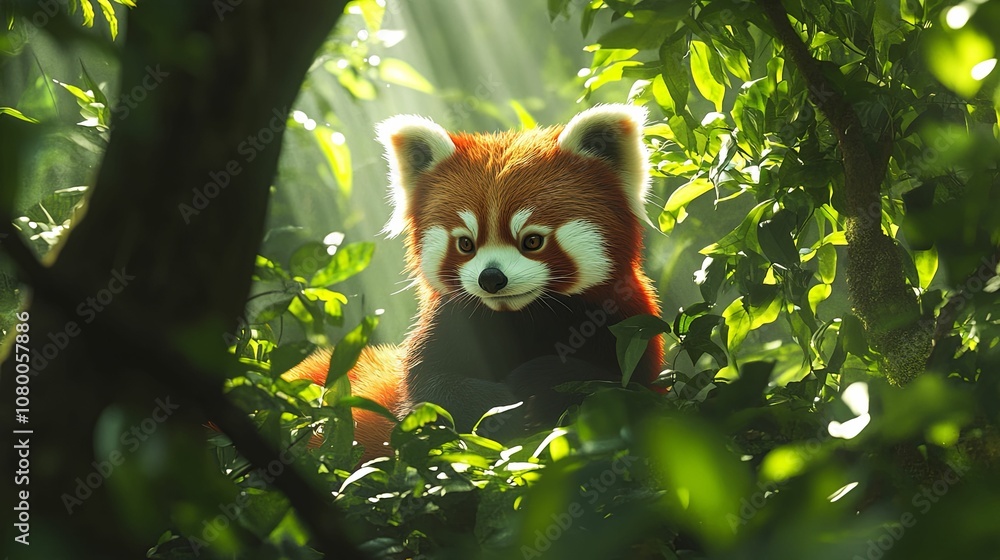 Red Panda Peeking Through Lush Foliage in Sunlight Red Panda Peeking Through Lush Foliage in Sunlight
