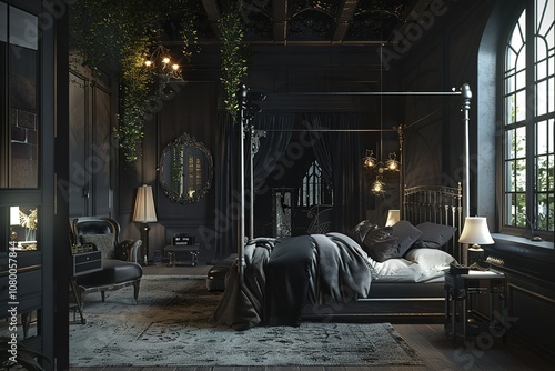 modern Luxury Gothic-inspired bedroom with dramatic details and moody lighting