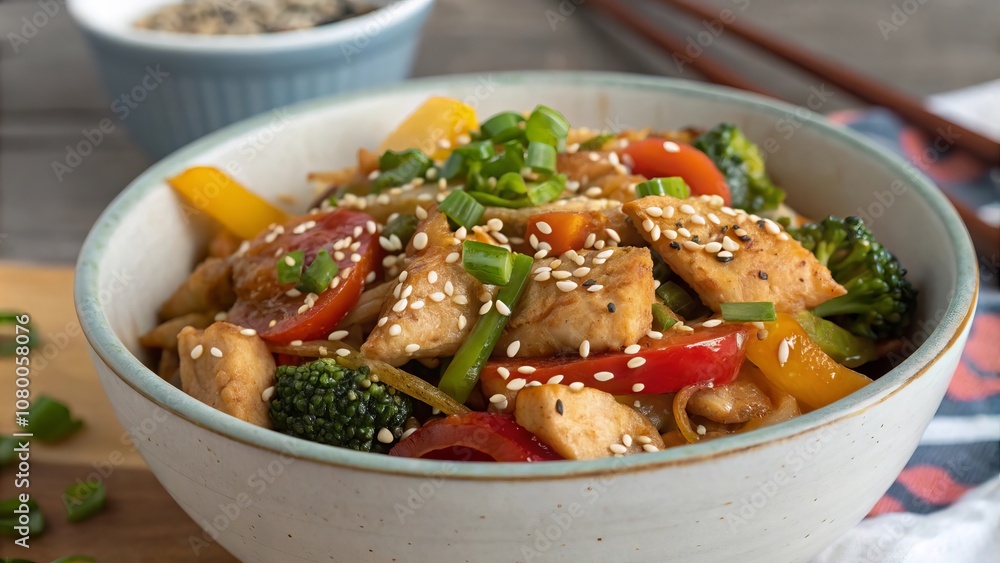 Delicious chicken stir fry with fresh vegetables and sesame seeds in a bowl Delicious chicken stir fry with fresh vegetables and sesame seeds in a bowl