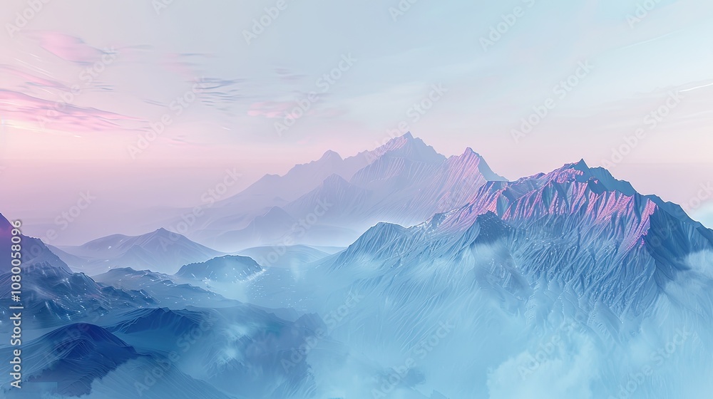 Fototapeta premium Mountain views at dawn, with soft blues and lavender, misty valleys and a peaceful and calming atmosphere.
