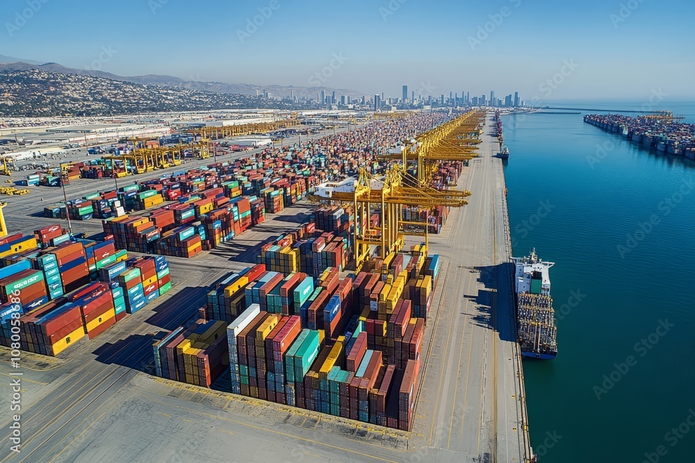 Obraz premium An aerial view of an international port with many colorful shipping containers.