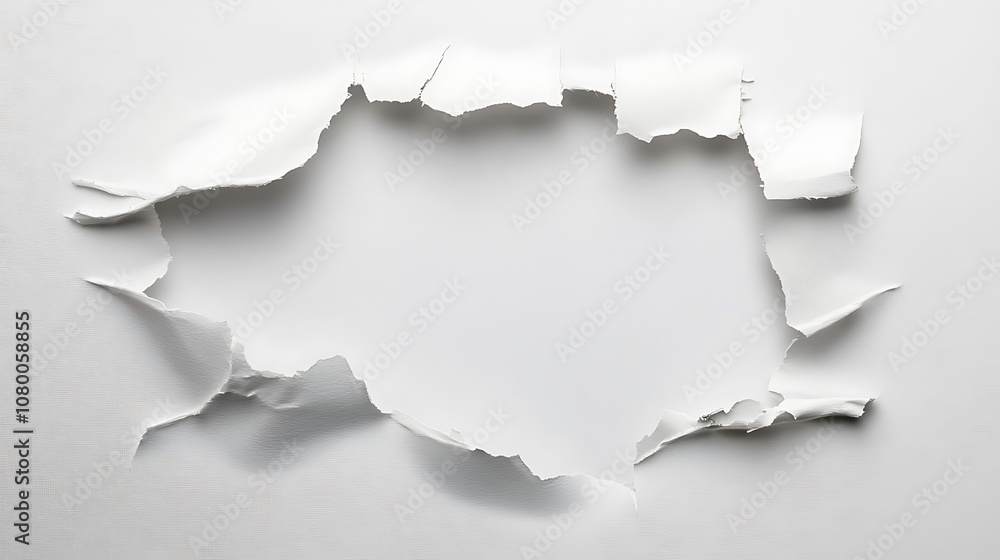 A hole ripped through white paper. A hole ripped through white paper.