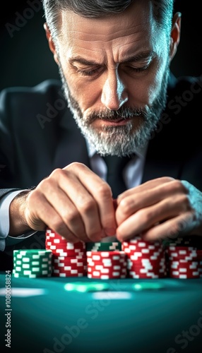 A focused man prepares poker chips, immersed in the strategic world of gambling at a casino table, showcasing intense concentration. photo