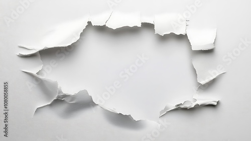A hole ripped through white paper.
