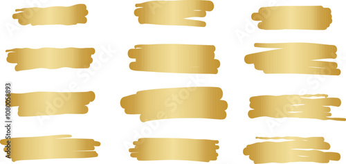 Gold highlight vector banner elements, brush stroke shapes clip art, golden metallic gradient shape set