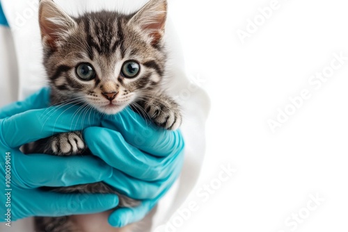 A compassionate veterinarian is gently holding a beautiful, fluffy kitten in a medical setting, showcasing the care and concern that goes into providing proper health services for pets photo