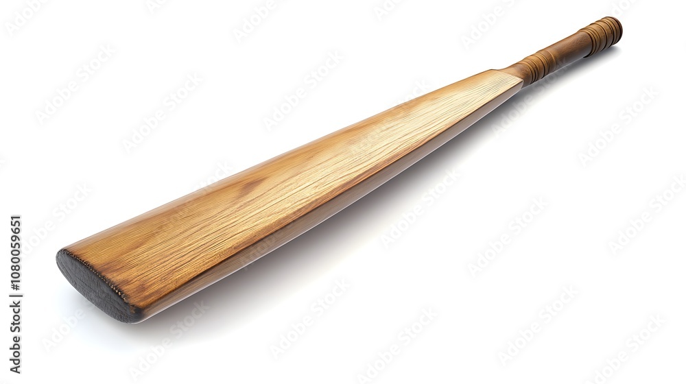A light brown wooden cricket bat lies flat. A light brown wooden cricket bat lies flat.