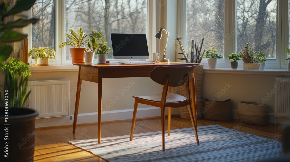 A minimalist writing desk with clean lines, set in a light-filled home office A minimalist writing desk with clean lines, set in a light-filled home office