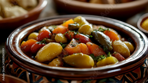 Traditional Tunisian cuisine dish with vibrant vegetables for independence day celebration. Close-up. Independence day of Tunisia. Horizontal banner. Copy space. Holiday food on a table photo