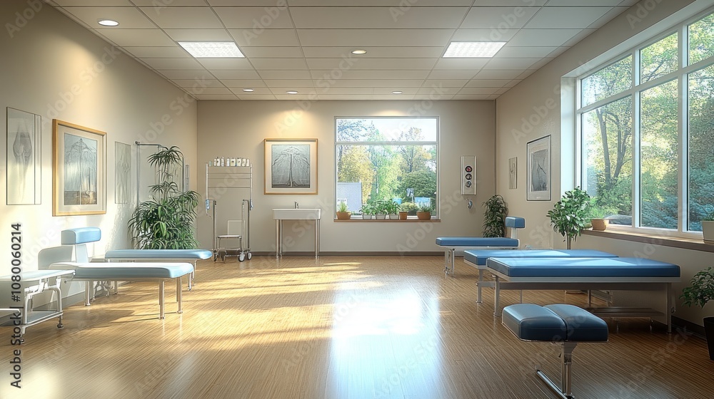 Bright, spacious therapy room with treatment tables and plants. Bright, spacious therapy room with treatment tables and plants.