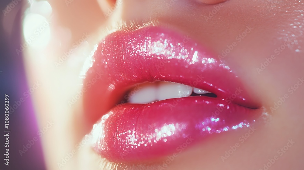 Close up of soft pink lips with glossy finish and shine Close up of soft pink lips with glossy finish and shine