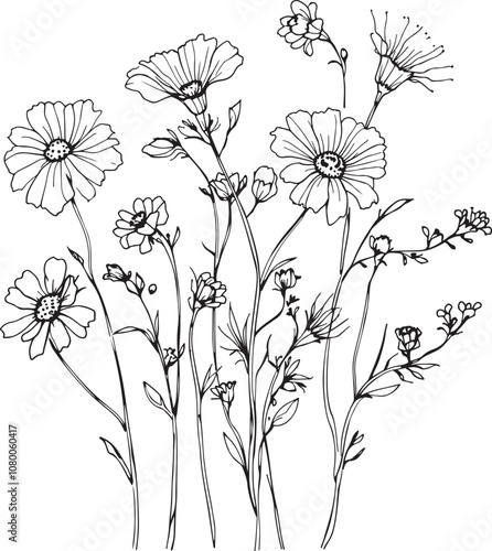 Delicate Field Wild Flowers Linear Drawing Sketched Art Black and White Vector Illustration