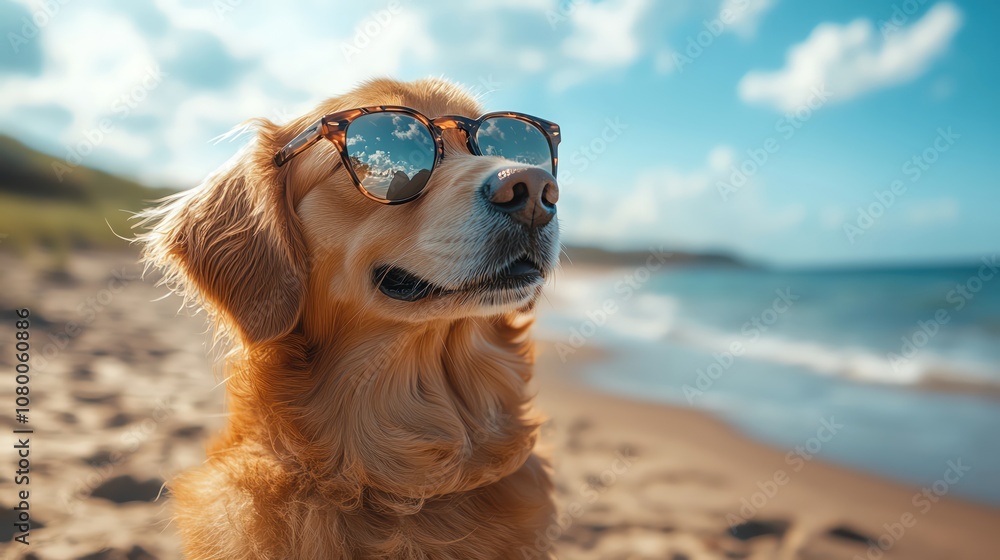 Dog in sunglasses, sandy beach, tropical setting, relaxed canine summer Dog in sunglasses, sandy beach, tropical setting, relaxed canine summer