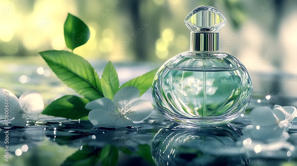 A clear glass perfume bottle sits on water droplets, surrounded by white flower petals and green leaves. A clear glass perfume bottle sits on water droplets, surrounded by white flower petals and green leaves.