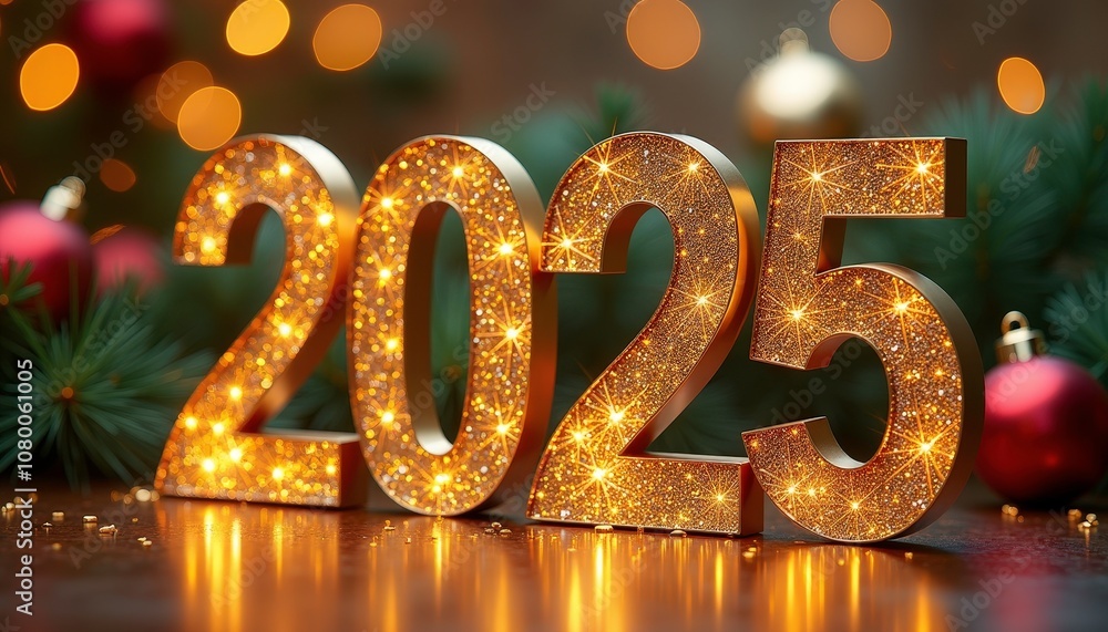 Elegant and vibrant Happy New Year 2025 greeting card with sparkling gold details and festive decorations Elegant and vibrant Happy New Year 2025 greeting card with sparkling gold details and festive decorations