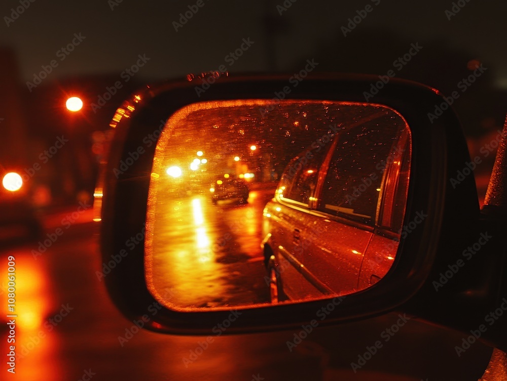 Nighttime Reflections in a Rearview Mirror. Nighttime Reflections in a Rearview Mirror.