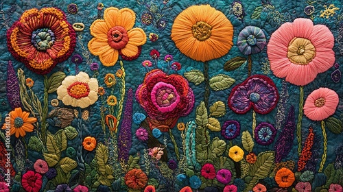 Embroidered flowers, vivid textile art, intricate designs, cultural tapestry